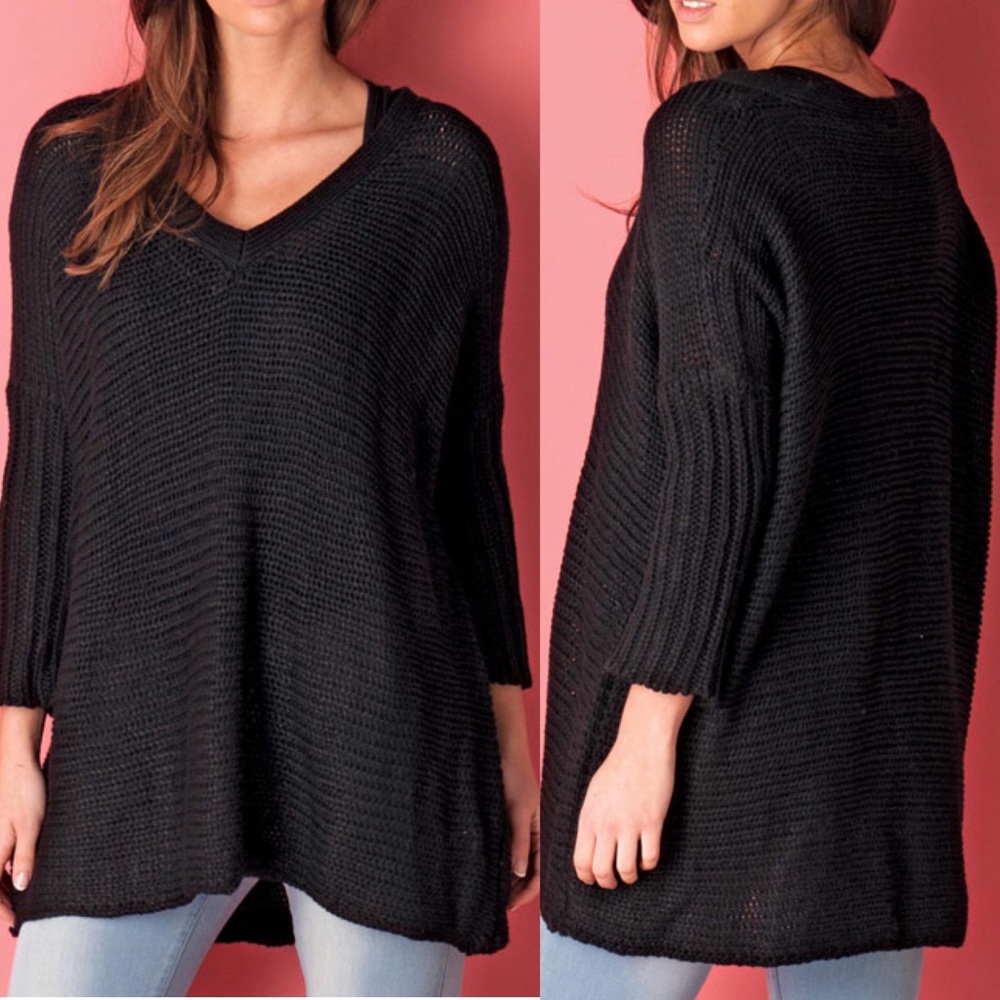 Noisy May Black Vera 3/4 Sleeve Oversized V-Neck Pullover Sweater Size L